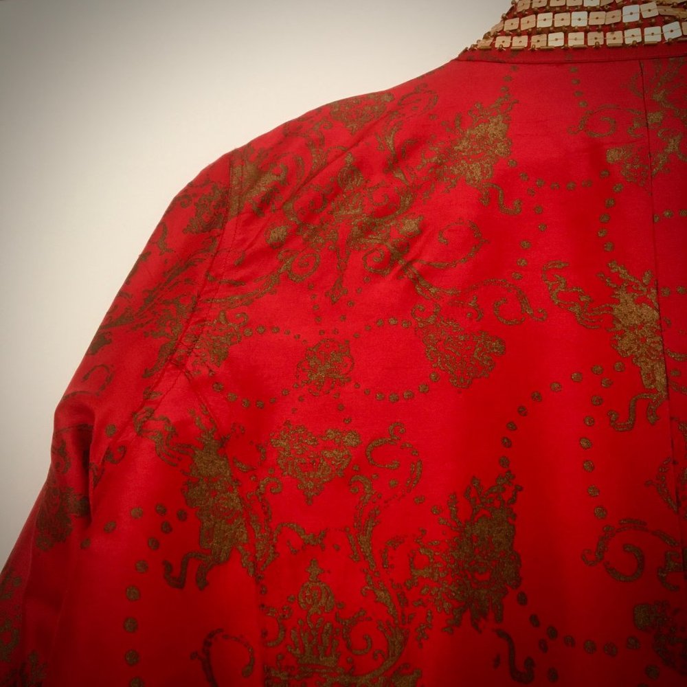Chico's Silk Red & Gold jacket w/ beads- Sz 1 - Picture 6 of 6